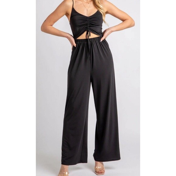 Love Tree Pants - Love Tree Jumpsuit Women's Size L Black Wide-leg Lightweight